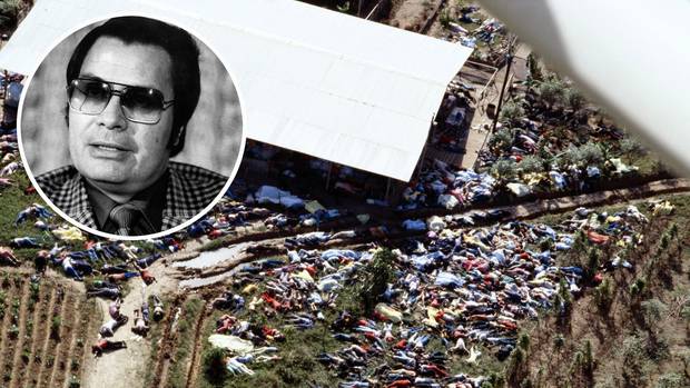 Dead bodies lie around the compound of the People's Temple cult November 18, 1978 after the over 900 members of the cult, led by Reverend Jim Jones, inset. Photos / Getty Images, AP