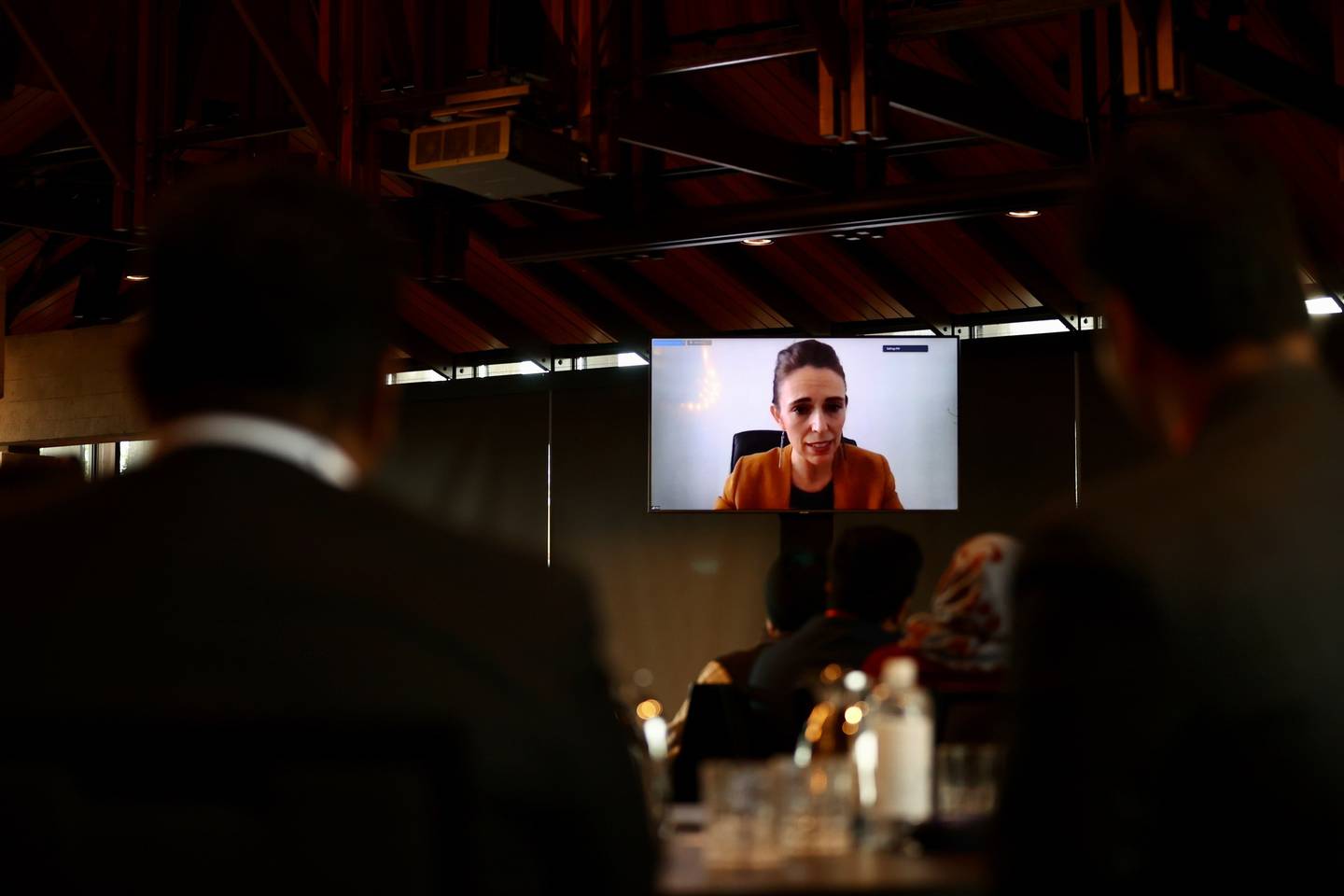 Prime Minister Jacinda Ardern spoke via Zoom after her flight into Christchurch was cancelled due to fog. Photo / George Heard