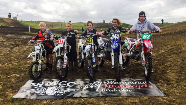Budding Whanganui motocross riders Finn Lennox, left, Troy Bullock, Chase Williamson, Ajah Sullivan and Alex Luff Scott take time out at the 2019 New Zealand Junior Motocross Championships at the weekend.
