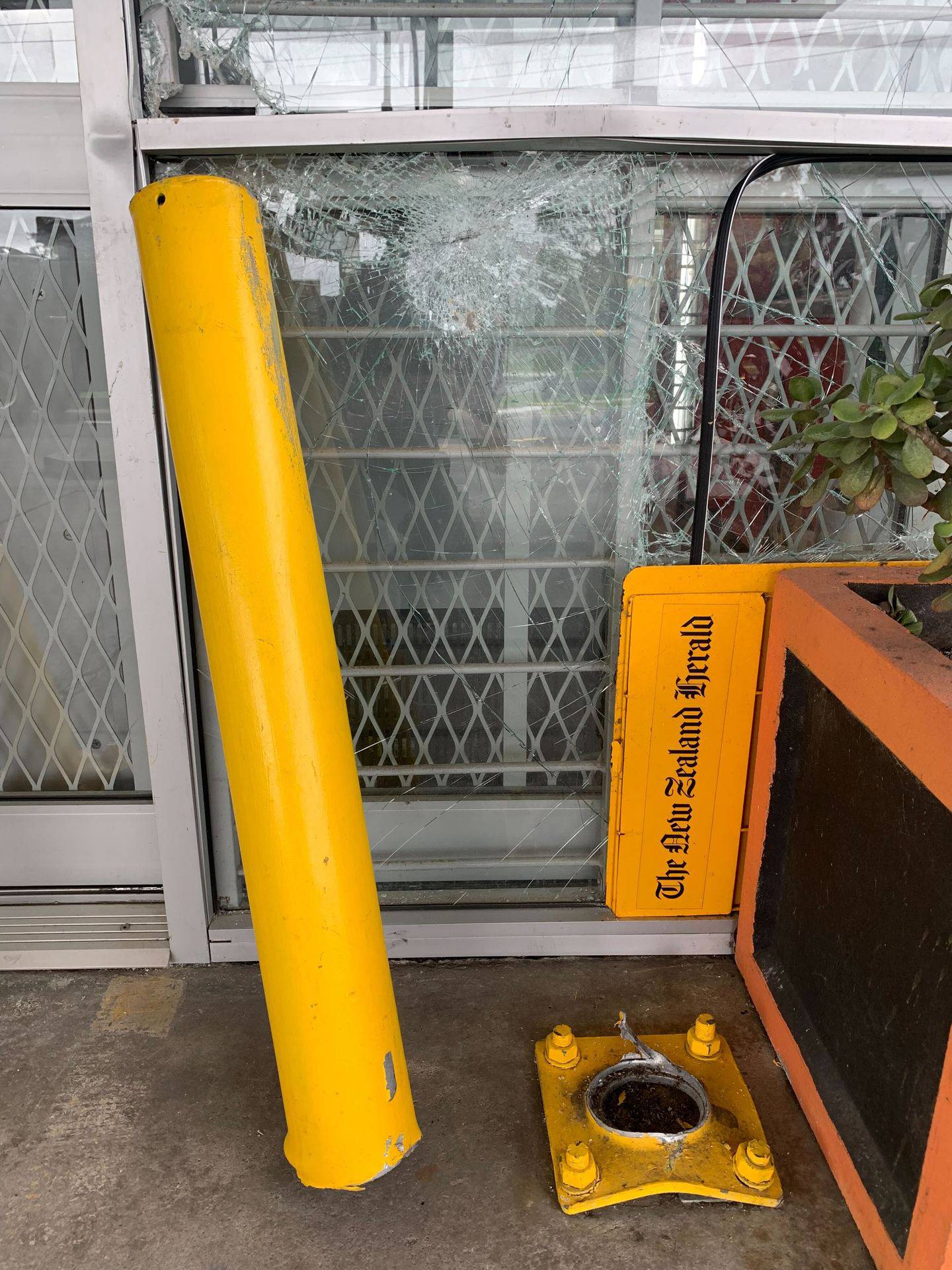 One of the bollards was broken during the attempted break in last night. Photo / Adam Pearse