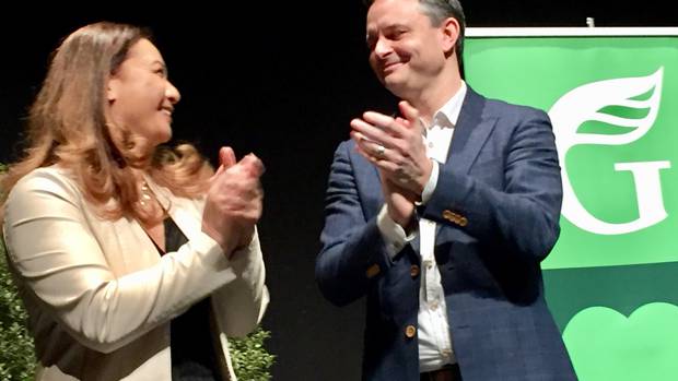 Green Party co-leaders Marama Davidson and James Shaw at the Greens AGM in Palmerston North. Photo / Lucy Bennett