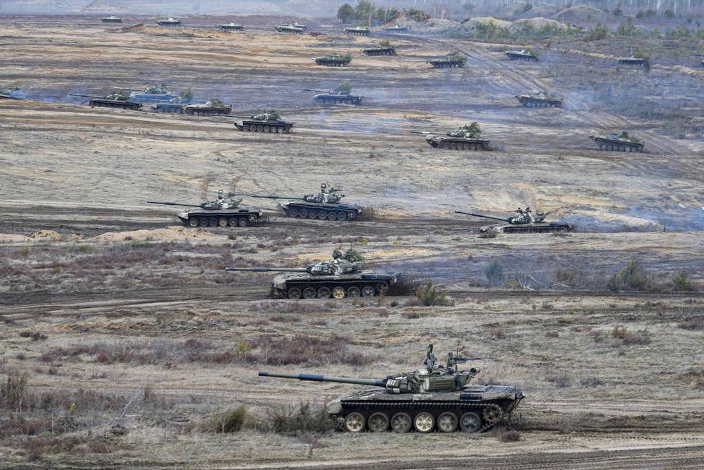 Tanks move during the Union Courage-2022 Russia-Belarus military drills at the Obuz-Lesnovsky training ground in Belarus. Photo / AP