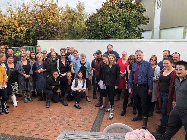 Deputy principal Jenny Langrish (black and white striped gumboots) arranged for Whanganui High School prefects to organise fun events for Gumboot Friday. Photo / Supplied