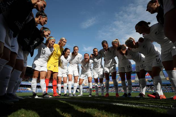 Players of New Zealand huddle on the pitch prior to the 2019 FIFA Women's World Cup France group E match between Cameroon and New Zealand. Photo / Getty Images