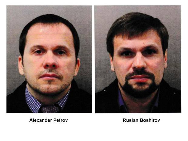 This combination photo made available by the Metropolitan Police on Wednesday September 5, 2018, shows Alexander Petrov, left, and Ruslan Boshirov, who has been identified as Colonel Anatoliy Chepiga.