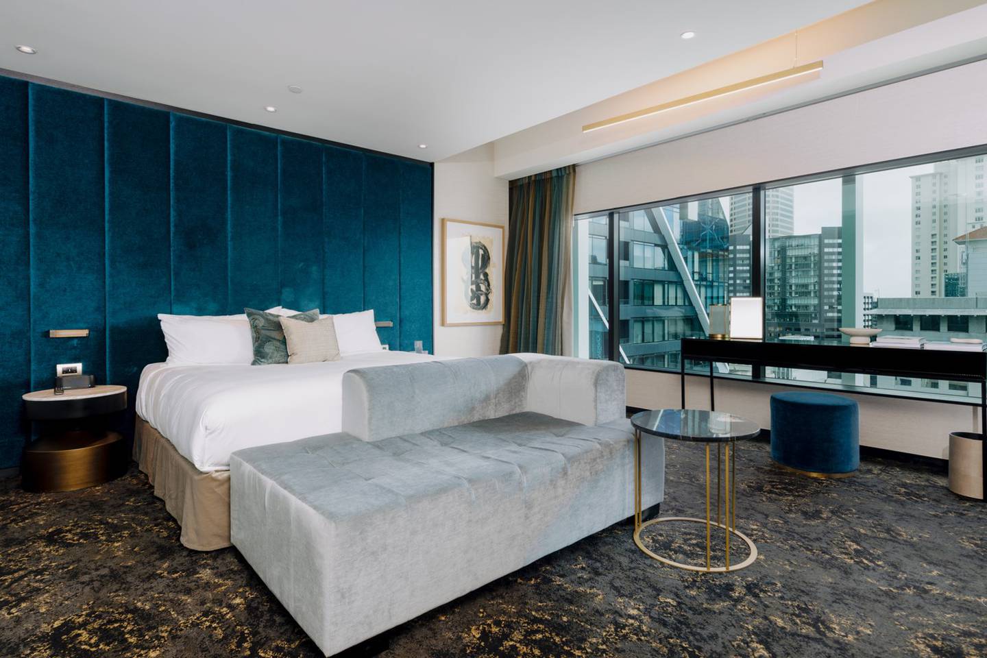 The SO/ Auckland x Superette suite' bedroom includes a unique blend of luxury hospitality and chic homeware.