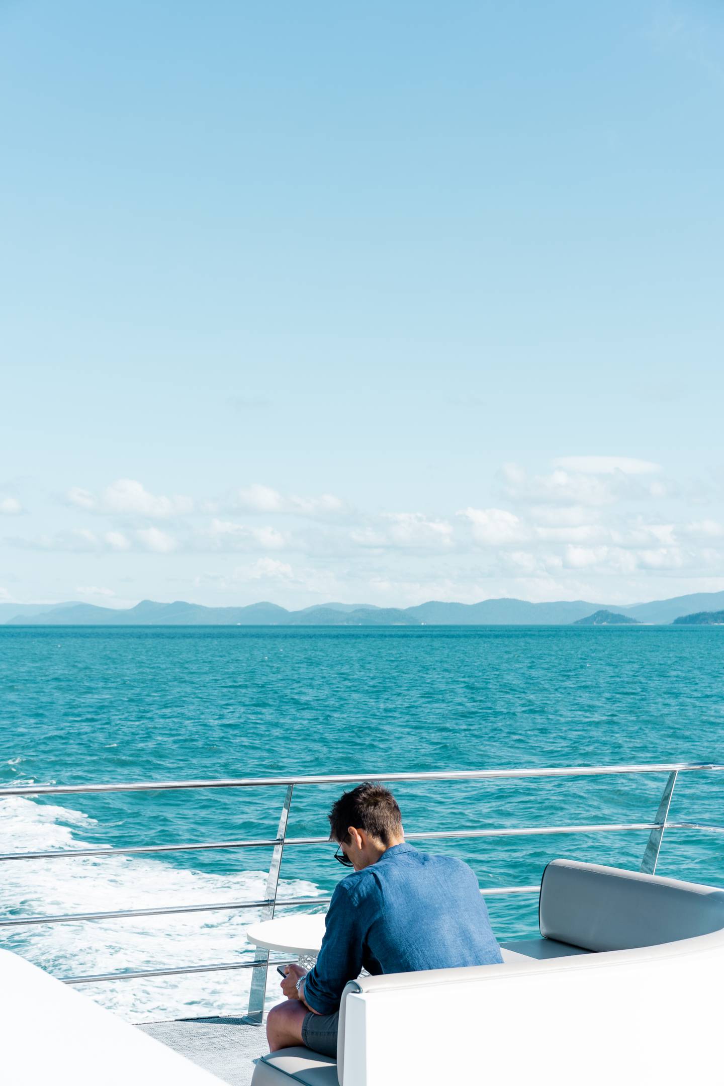 The top deck view on the Hayman Island luxury launch. Photo / Sarah Pollok