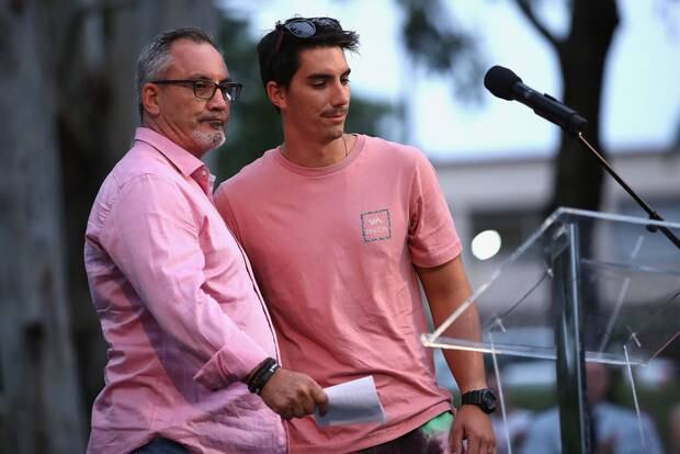 Lloyd and Nathaniel Clarke, father and brother to Hannah Clarke, speak at a vigil to remember her and her children. Photo / Getty Images