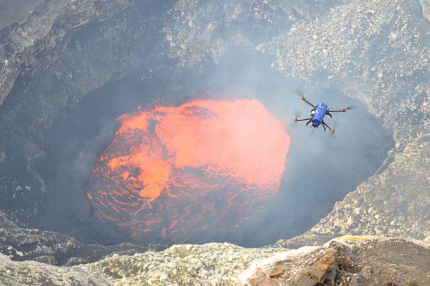 One of Dr Ian Schipper's drones in action over Vanuatu's Ambrym volcano. Photo / Nial Peters