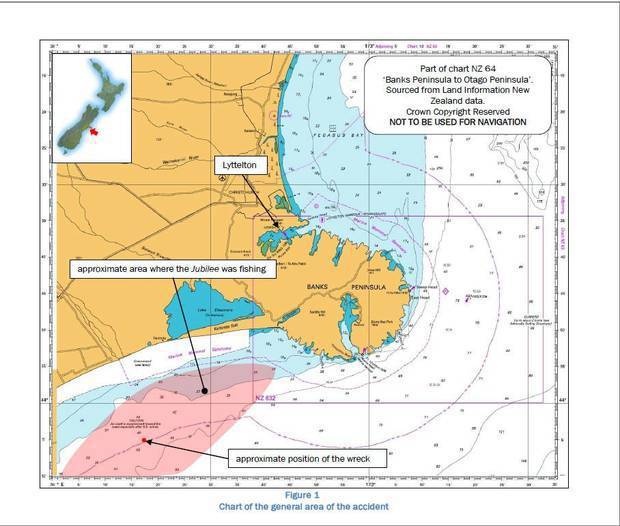 A map included in the TAIC report which shows the approximate location of the ship's sinking.