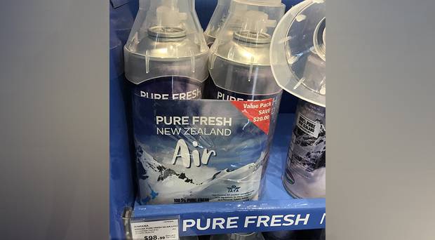 Four cans of the 'Pure Fresh New Zealand Air' were seen on display with a price tag of $98.99 at a duty free shop at Auckland International Airport. Photo / Damian Christie / Twitter 