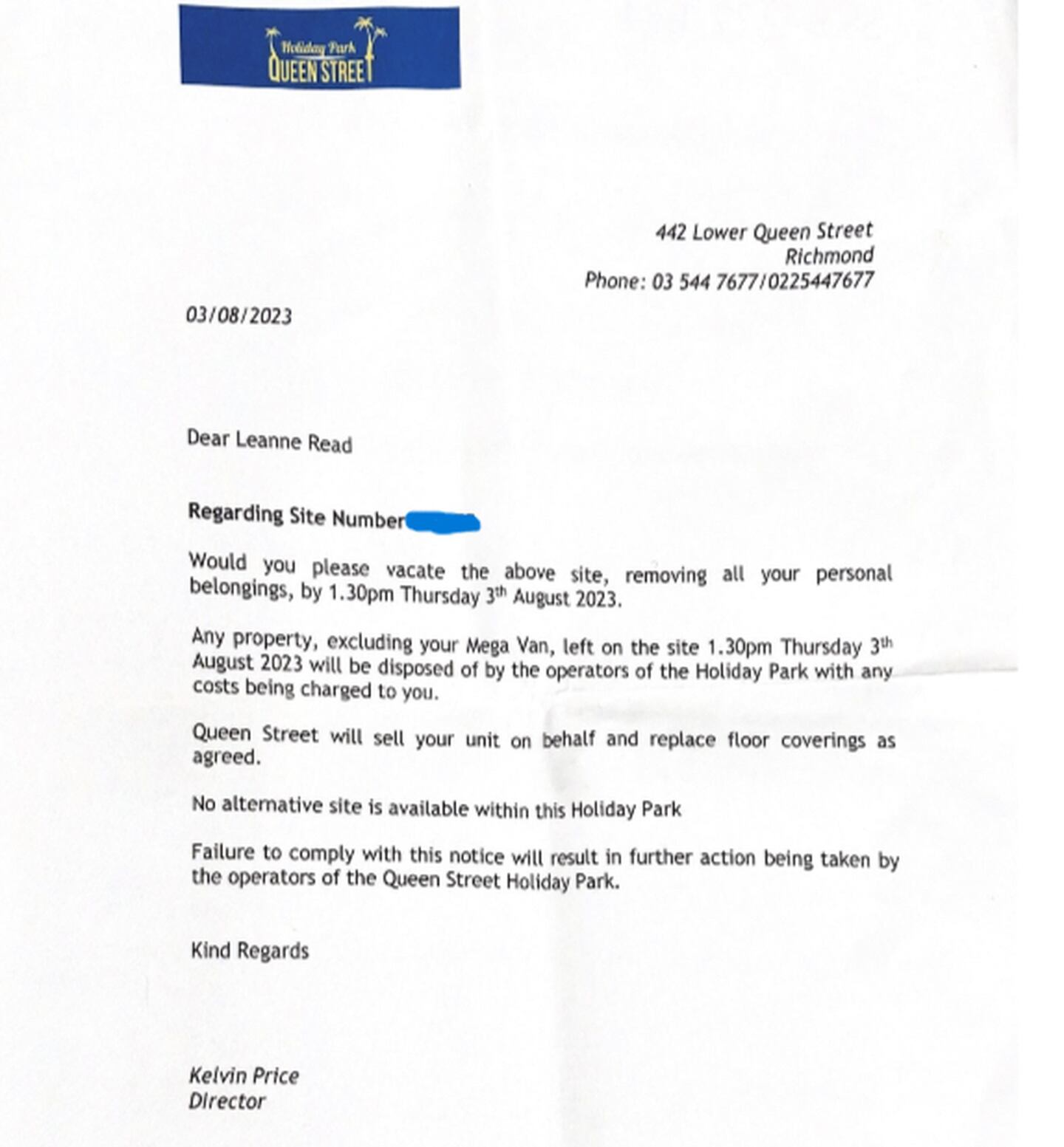The eviction notice handed to Leanne Millar, also known as Leanne Read.