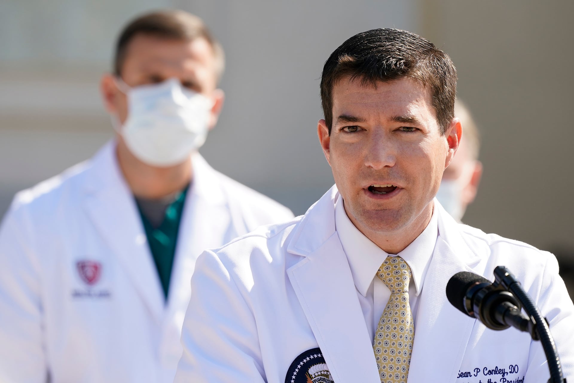Dr. Sean Conley, physician to President Donald Trump, briefs reporters at Walter Reed National Military Medical Centre. Photo / AP