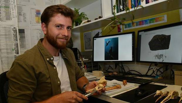 Jacob Blokland pictured with fossils in the Flinders University laboratory. Photo / Flinders University