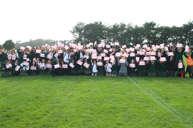 Whanganui High School 'Spreads the Love' by making a giant pink heart on the school field for anti-bullying week. Photo / Caitlin Currie 