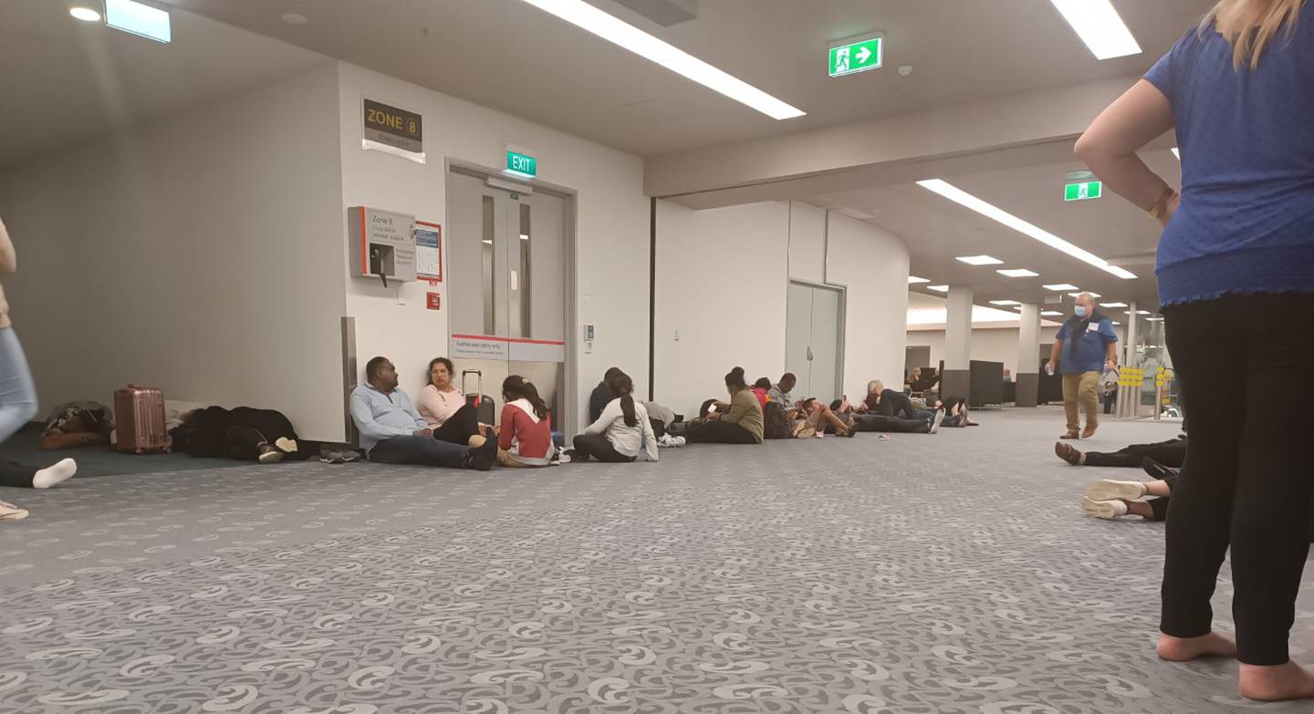 Over 100 passengers were left in the transit area overnight, many had to sleep on the floor. Photo / Supplied
