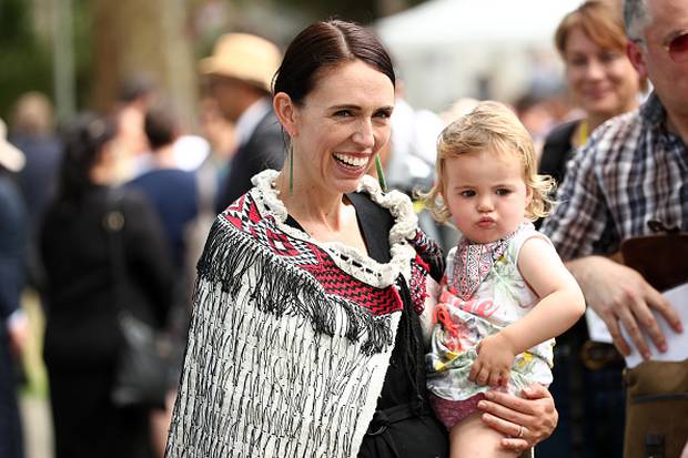 New Zealand Prime Minister Jacinda Ardern and her daughter Neve Gayford at the upper Treaty grounds at Waitangi on Tuesday. Photo / Getty Images