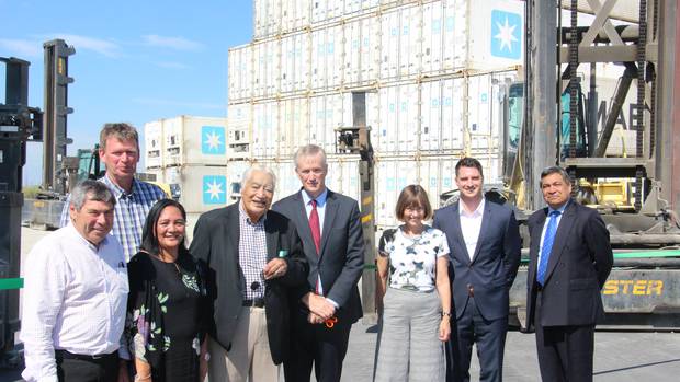  Barry Wilson, Joinella Maihi-Carroll and Piriniha Prentice (Mana Ahuriri Trust), Paul Harris, Ken Harris, Jesse Reynolds, Juliet Harris, Arthur Shaw (ContainerCo). Photo / Supplied