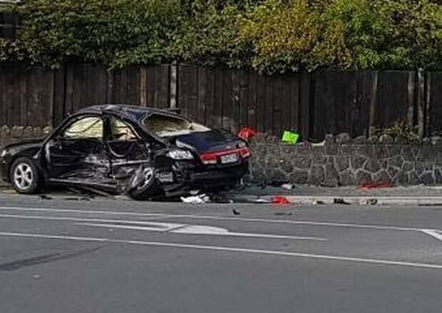 One of the vehicles involved in a serious crash at the intersection of Idris and Glandovey Rd. Photo / Geoff Sloan