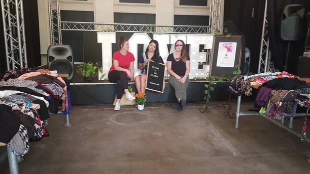 Emily Kara (middle) hosted her first clothing library in march at Frank Bar alongside her friends Krystal Simpson (left) and Danielle Mallasch. Photo / Supplied 