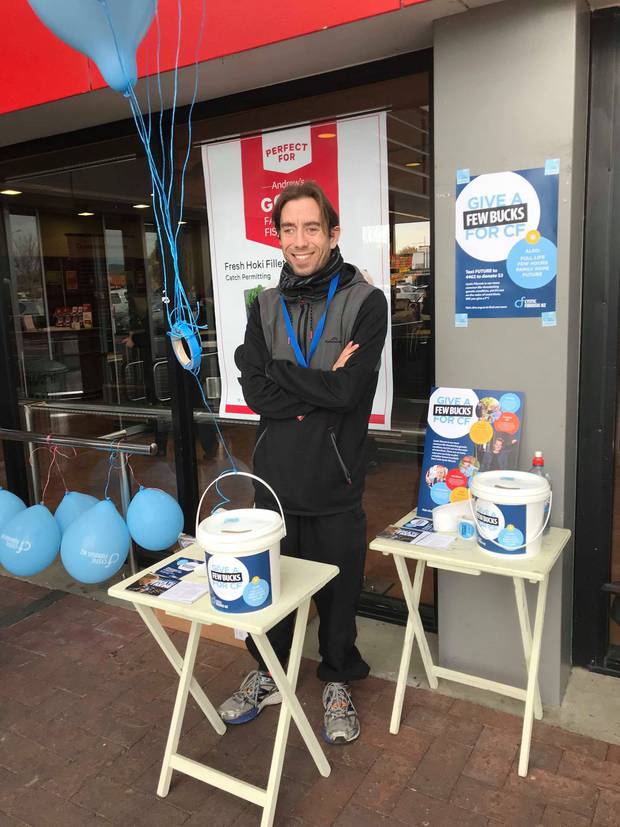 Nick Laing outside New World raising money for his terminal condition, Cystic Fibrosis. Photo / Nick Laing