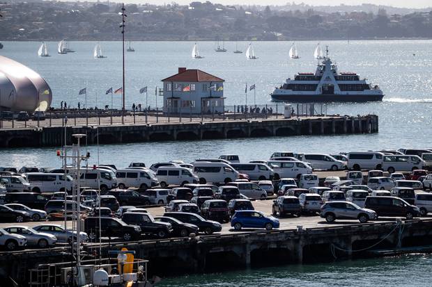 Imported cars lined up at the Ports of Auckland on the Captain Cook Wharf in front of Queens Wharf. Photo / Jason Oxenham