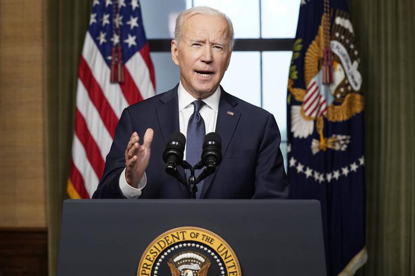 Joe Biden speaks from the Treaty Room in the White House about the withdrawal of the remainder of US troops from Afghanistan. Photo / AP