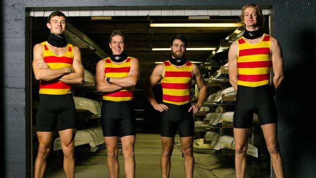 Thomas Monaghan, left, Luke Watts, Hugh Pawson and Hamish Maxwell flew out today to compete at the prestigious Henley Royal Regatta on the River Thames in early July. Photo by Patrick Monaghan