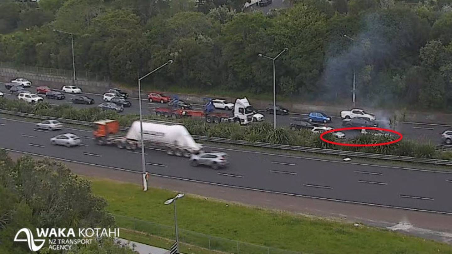 A small scrub fire is causing delays on Auckland's north-western motorway just after St Lukes Rd early this morning. Image / Waka Kotahi NZTA