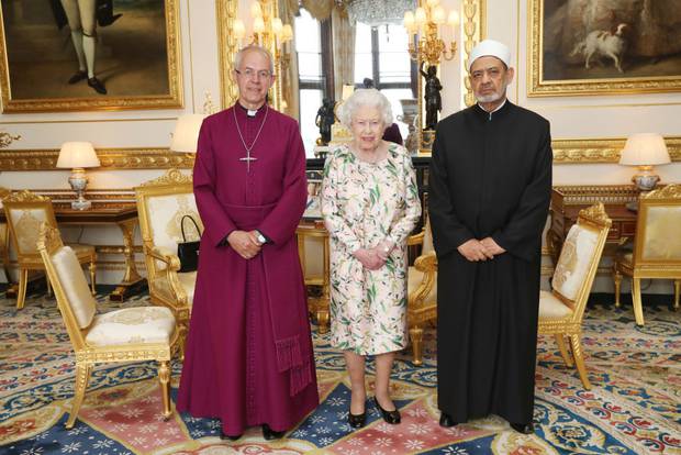 The Queen wore the American State Visit brooch gifted by the Obamas when she was joined by the Archbishop of Canterbury and Sheikh Ahmad Al-Tayeb. Photo / Getty Images
