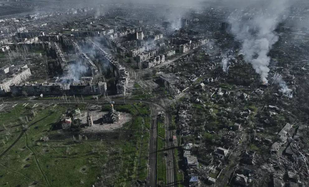 Smoke rises from buildings in this aerial view of Bakhmut, the site of the heaviest battles with the Russian troops in the Donetsk region, Ukraine. Photo / AP