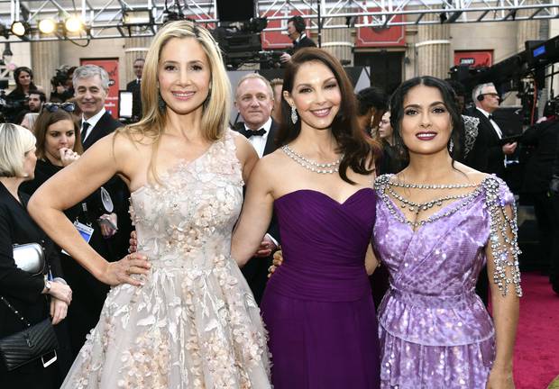 From left, Mira Sorvino, Ashley Judd and Salma Hayek have all made allegations about Harvey Weinstein. Photo / AP