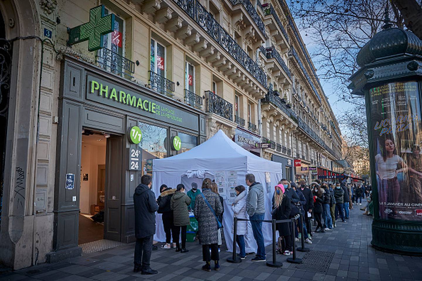Long queues greet Parisians as they queue up for Covid-19 testing on New Year's Day at a pharmacy at Place de la Republique on January 01, 2022 in Paris, France. Photo / Getty Images