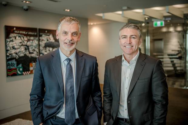 Infratil CEO Marko Bogoievski (left) and Vodafone NZ CEO Jason Paris at yesterday's buyout announcement. The pair say Vodafone NZ will maintain access to Vodafone technology but gain more local focus.
