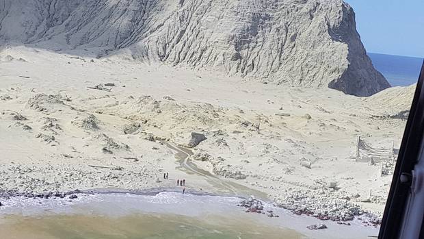 Survivors of the eruption visible from the cockpit of the Westpac Rescue Helicopter. Photo / Auckland Rescue Helicopter Trust