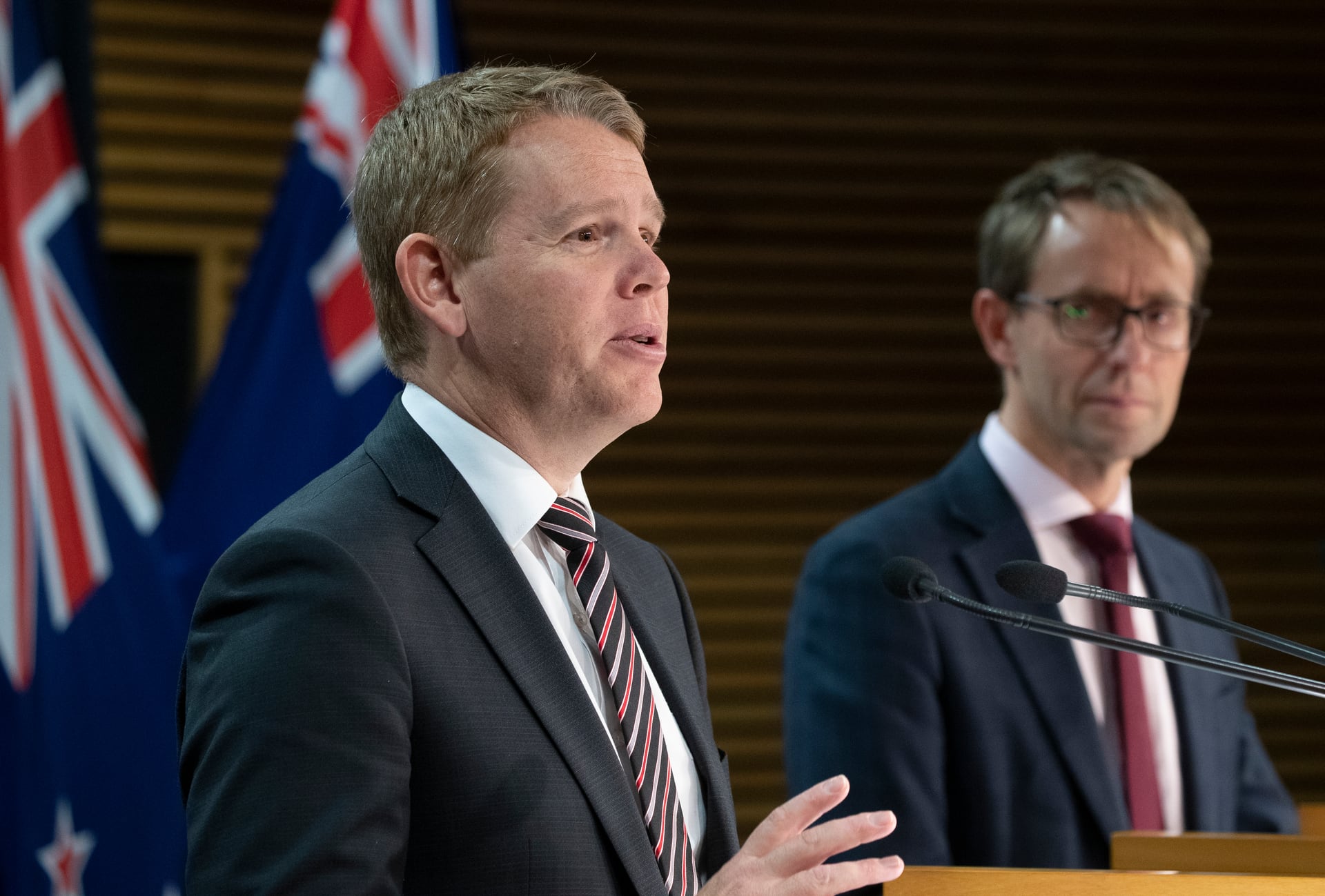 Covid-19 Response Minister Chris Hipkins and director-general of health Dr Ashley Bloomfield during their press conference at Parliament, Wellington. Photo /  Mark Mitch