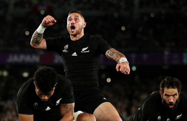 TJ Perenara leads the All Blacks haka. Photo / Getty