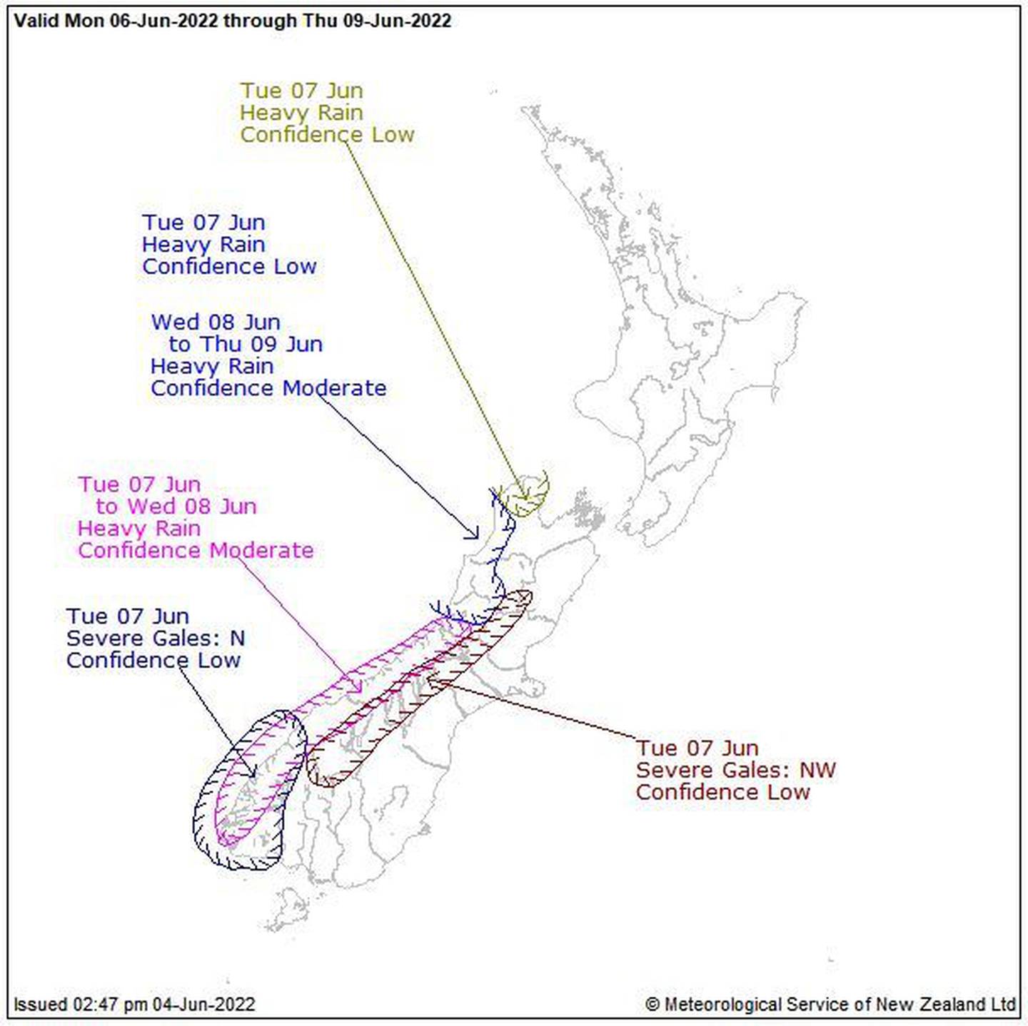 MetService 表示，周三，一个低压槽应该会从塔斯曼海移动到新西兰。 照片/提供