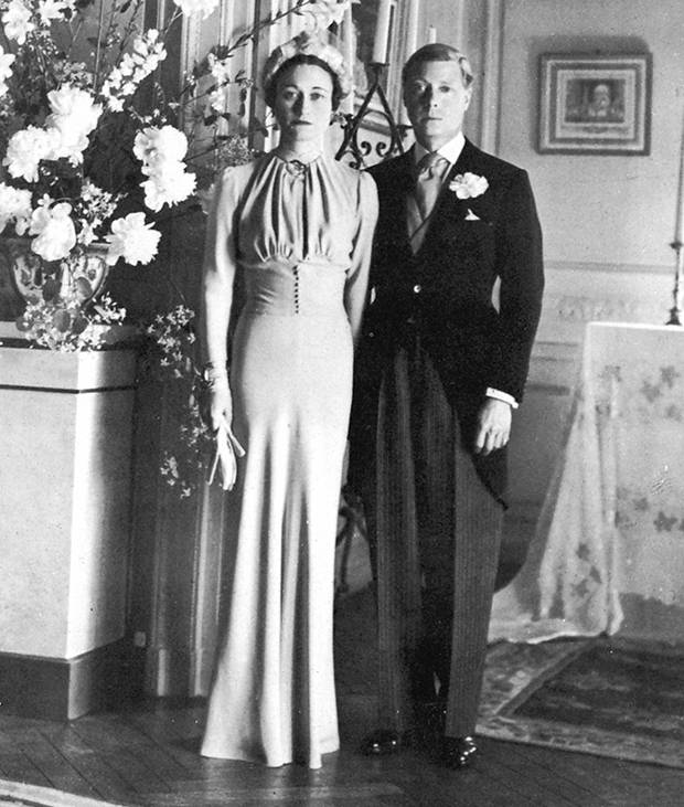 The Duke of Windsor married twice-divorced Wallis Simpson in 1937. She wore a pale blue Mainbocher-designed dress. Photo / Getty Images