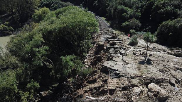 IMPACT: Damage sustained by the Napier rail line during heavy flooding last week is likely to delay the re-opening of the rail to Wairoa. Photo/Supplied. 