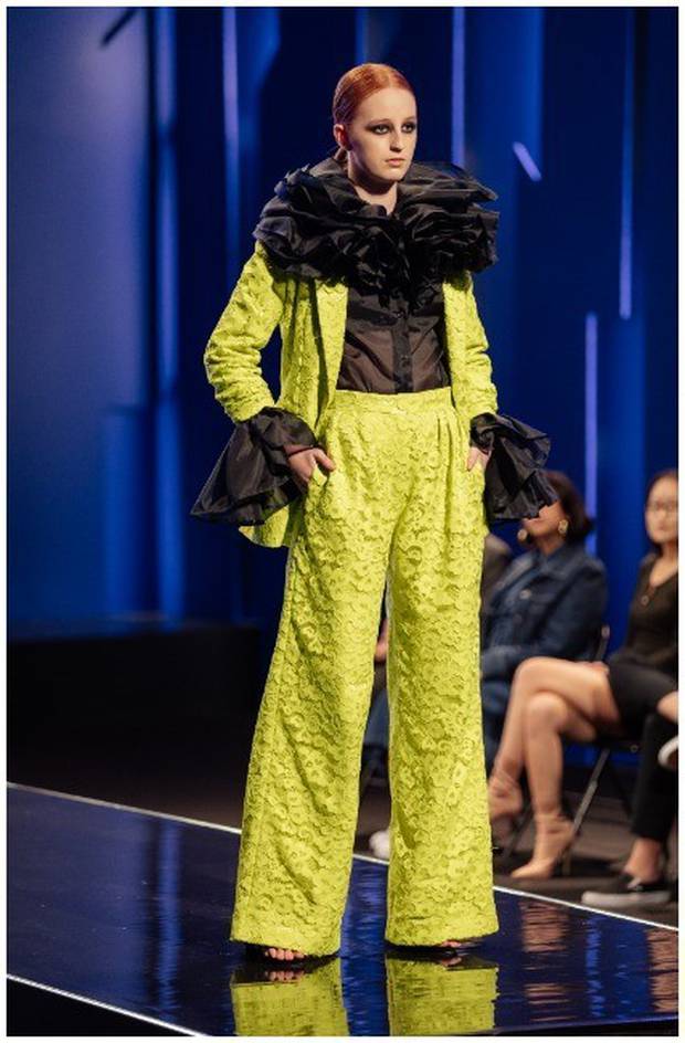 Model Christina Zingel wears the suit that got Kerry Ranginui in to the Project Runway NZ final.