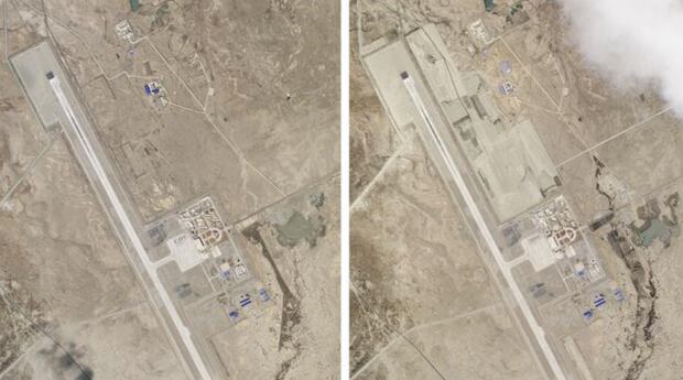 This combination of two satellite photos at an air base in Tibet, China (close to India) shows development around the airport. Photo / AP