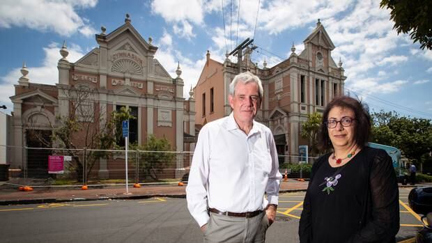 Customer and community services director Ian Maxwell, left, and council chief engineer Sarah Sinclair outside the closed Leys Institute in St Marys Bay. Photo / NZ Herald