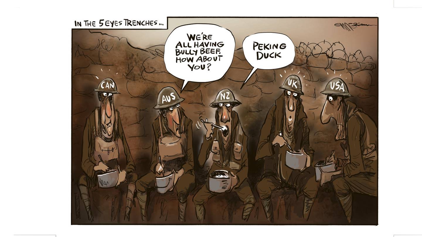 NZ is under pressure for its stance on China from the Five Eyes group of nations. Illustration / Rod Emmerson 