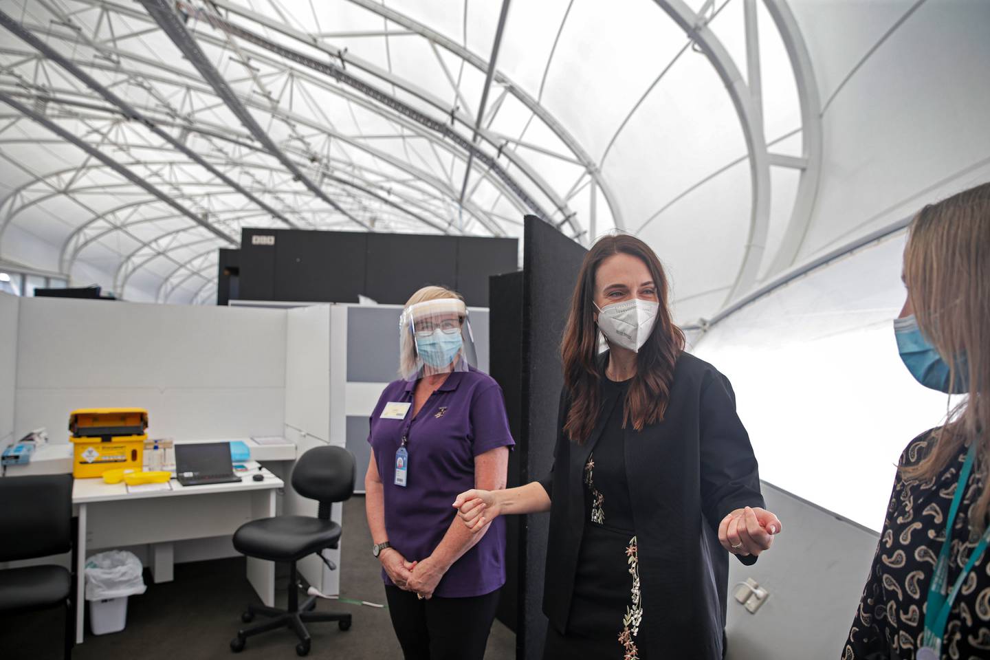 rime Minister Jacinda Ardern visits the new vaccination centre at the Cloud in Tamaki Makaurau to promote boosters in response to the Omicron strain of Covid 19. Photo / Alex Burton