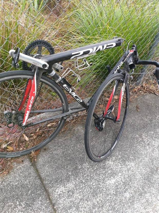 Hickey's bike was snapped in half in the collision, which he believes happened because the e-bike rider was on the wrong side of the path. Photo / Supplied