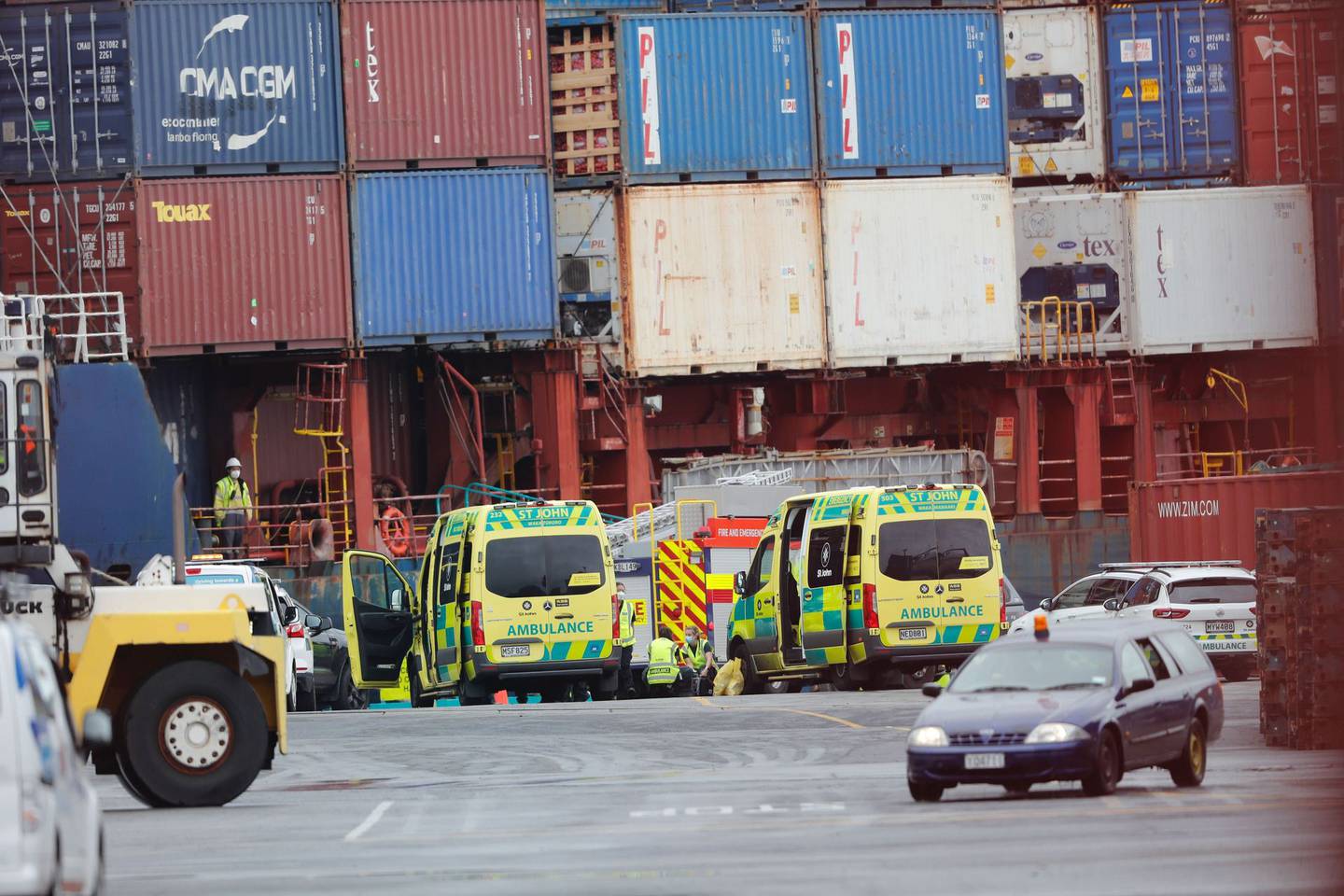 The scene at the Ports of Auckland where a worker suffered fatal injuries. Photo / Dean Purcell