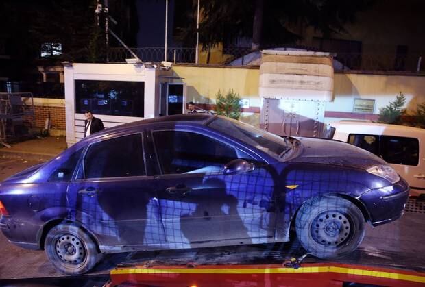 A Saudi consulate staff's vehicle is loaded on a tow truck in front of the Saudi consulate on October 22 as the world waited for answers as to what happened to Jamal Khashogi. Photo / Getty