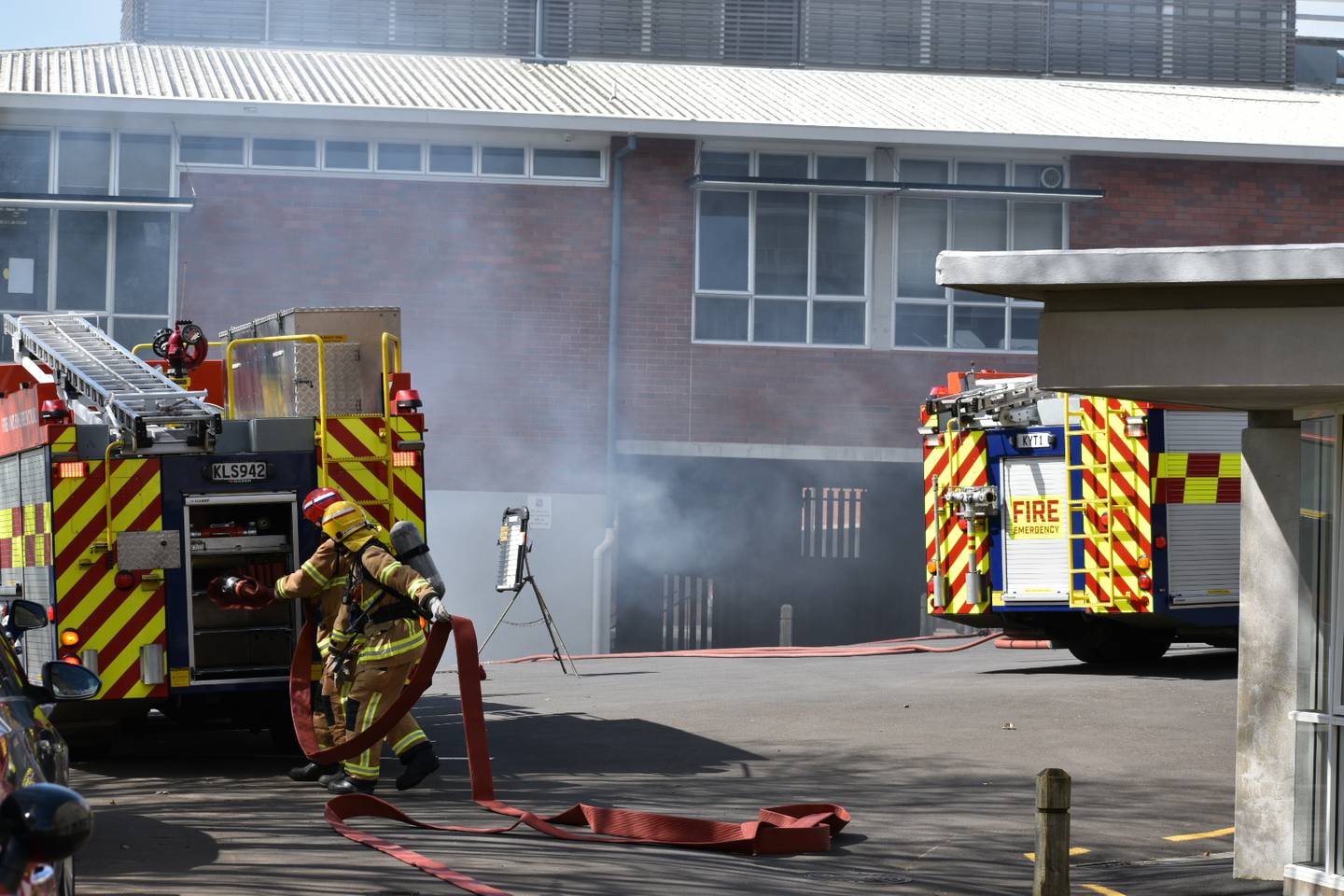 Fire and Emergency crews responding to a fire at Sacred High College. Photo / Darren Masters