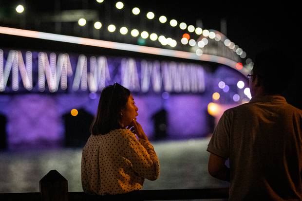 The Auckland Harbour Bridge lit up to celebrate New Year's Eve. Photo / Jason Oxenham